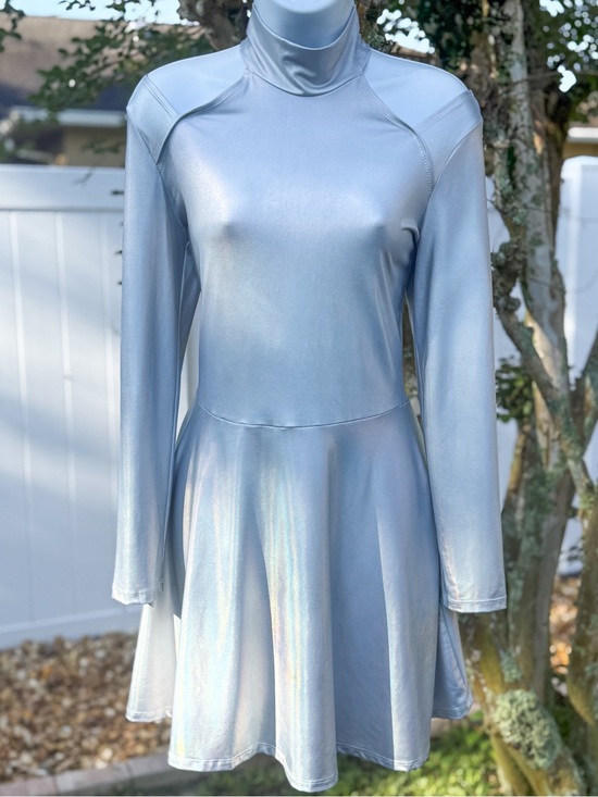 Spirit Dresses & Skirts - SPIRIT Silver Holographic Cold Shoulder Mock Neck Skater Dress Medium